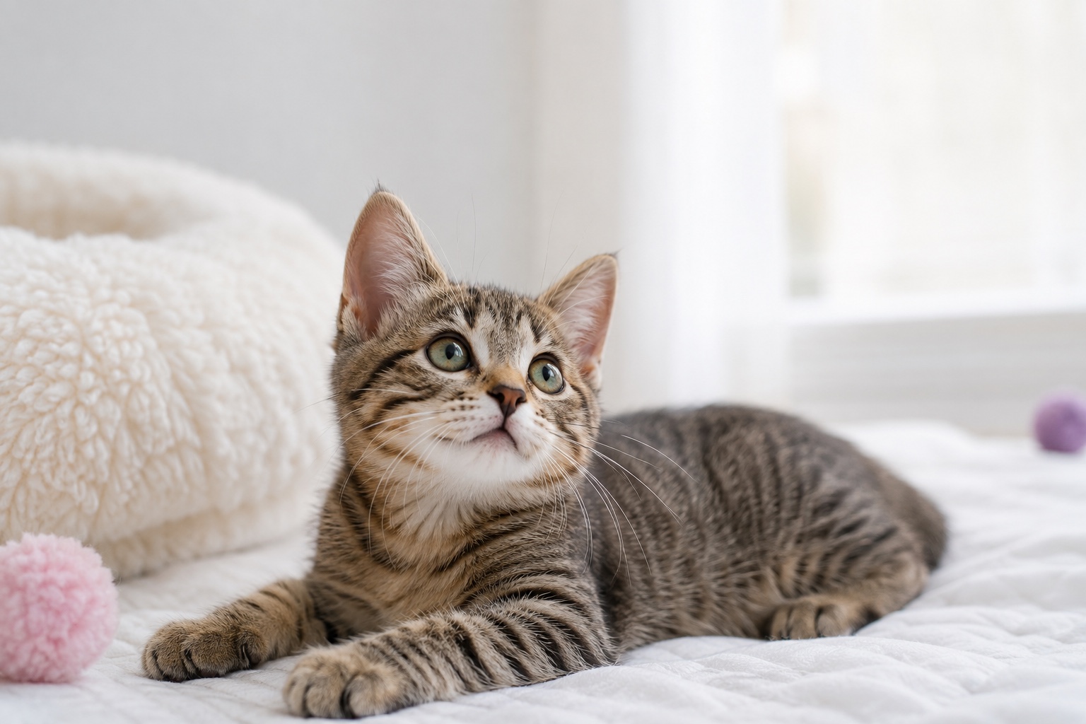 白いベッドでくつろぐキジトラ猫ちゃん